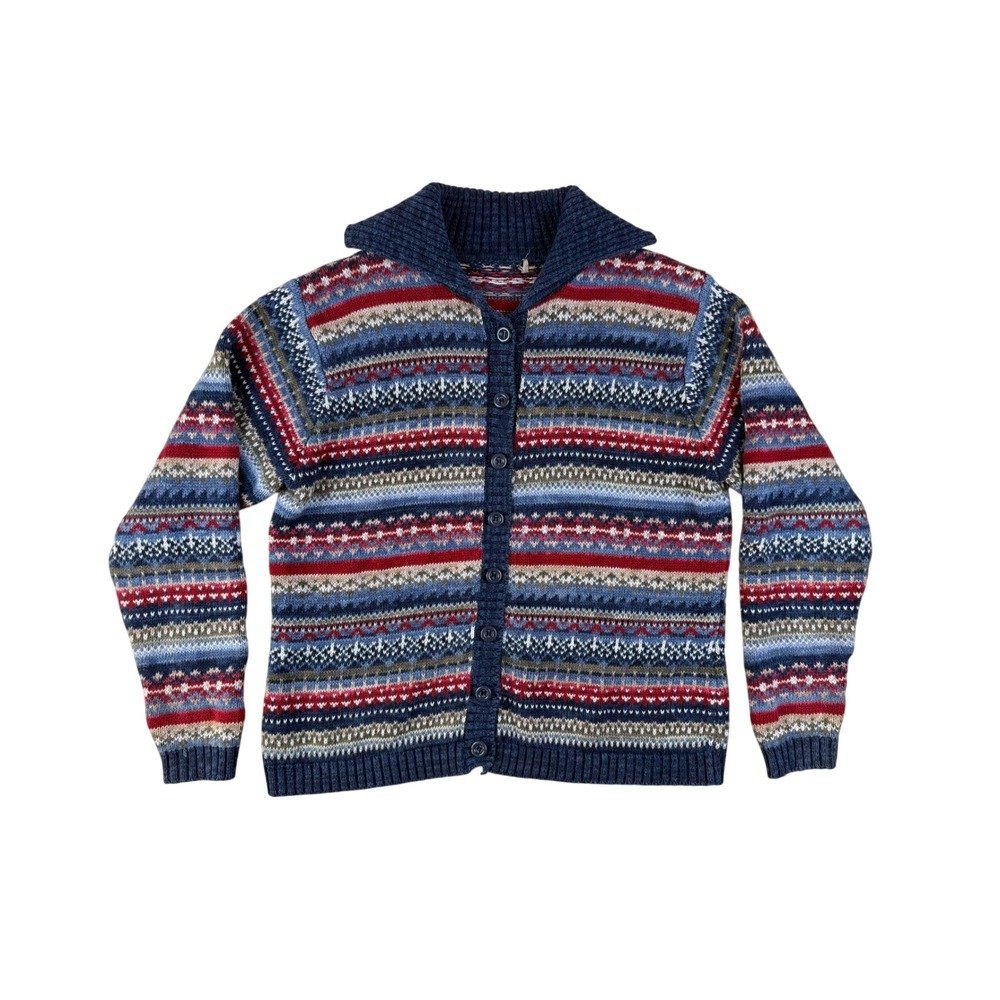 Fair Isle Cardigan Ramie Cotton Shawl Collar Large Mountain Lake